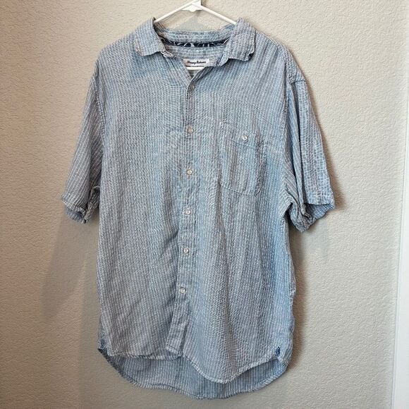 Tommy Bahama Blue White Stripe Linen Blend Short Sleeve Button Front Shirt L EUC - Picture 1 of 7